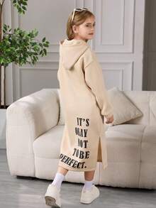 青少年女孩字母印花连帽领长袖连衣裙 - 卡其色 - 查看 4