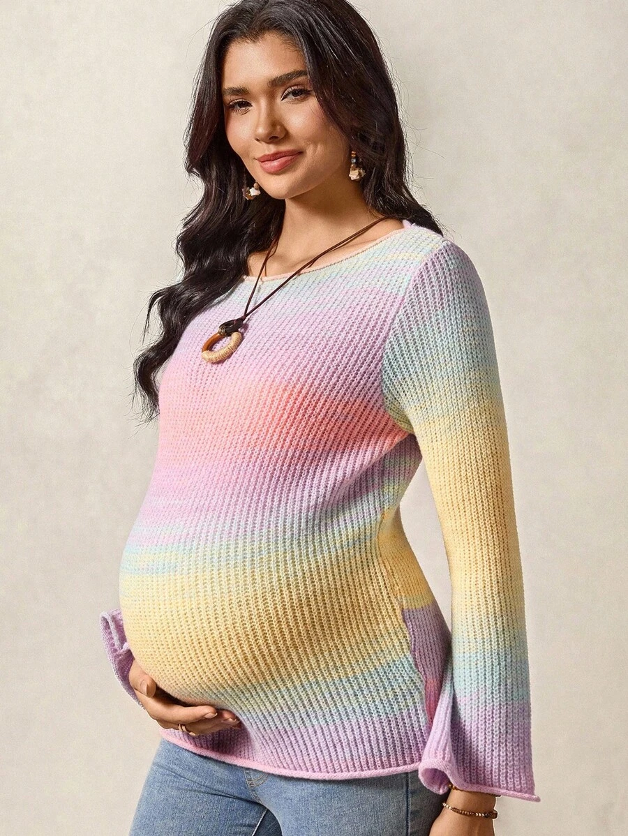 Boho Mama 孕妇渐变针织修身毛衣，休闲度假西部西部服装女士波西米亚风女士服装波西米亚风时尚