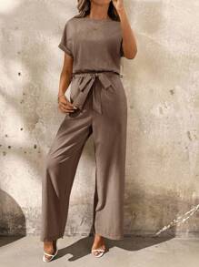 SHEIN Clasi Vacation Casual Solid Color Dress With Back Ruffle - Brown - View 4