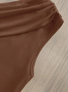 INAWLY 女士纯色褶皱无袖上衣和褶皱短裤时尚两件套 - 棕色 - 查看 3