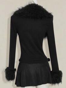 SHEIN CURVE+ Y2k 秋季西部风外出黑色拉链垃圾摇滚音乐会哥特纯色人造毛皮拉链拼布修身长袖夹克 - 黑色 - 查看 2