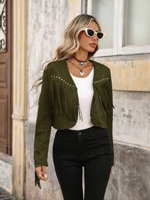 SHEIN VCAY Women's Long Sleeve Fringe Design Fashion Woven Solid Color Jacket In Fall/Winter - Army Green - View 5
