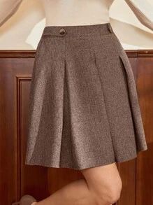 Vintamour 复古经典优雅女裙，修身腰口袋裙，咖啡色短裙，适合夏秋季 - 咖啡棕 - 查看 1