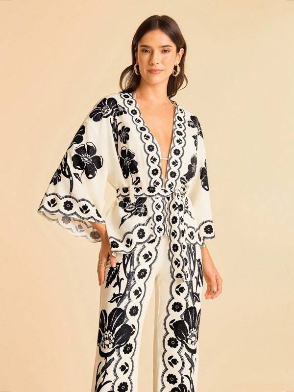 CAJUNI Chaqueta Kimono con campana y mangas de campana con estampado floral para vacaciones para mujer