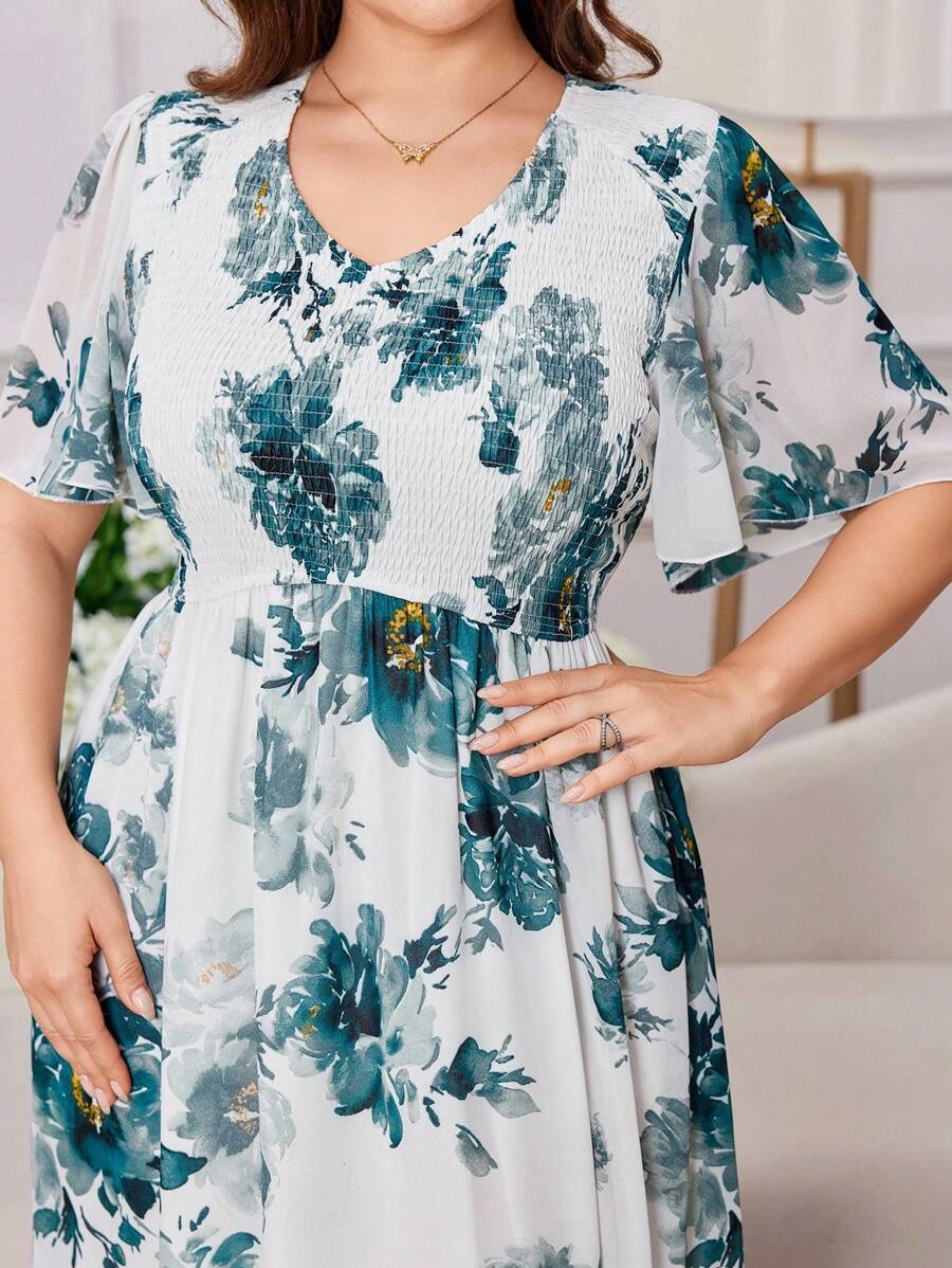 Modelyn 大码花卉印花喇叭袖雪纺连衣裙 - 綠色 - 查看 1
