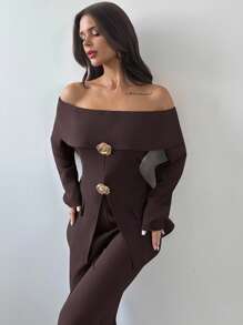 Firerie Women New Autumn And Winter Back Strap Retro Brown One-Shoulder Suit Jacket And Versatile Trousers Suit Two-Piece Suit Sets,Graduation,Teacher Outfits For Women,/Fall Women Clothes/Business Casual Woman/Teacher/Back To School/Old Money/Vintage Clothes Women/Off Shoulder Top And Pants Commuter Suit One Shoulder Suit Office Style Suit  Office Outfits For Women Business Casual Suit