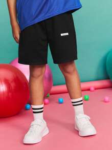 SHEIN Tween Boy Casual Minimalist Comfortable Mid-Waist Letter Print Shorts Black Shorts Boys ,Back To School Season, Christmas