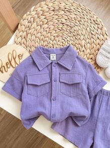 Baby Jungen und Mädchen koreanischen Stil lässig und einfach Einfarbig Kurzarm-Shirt mit Turn-Down-Kragen und elastischer Bund Shorts Anzug, geeignet für Sommer