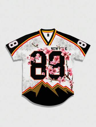 Prep Camiseta de jersey de hockey sobre hielo con número y estampado de flor de cerezo, con ribetes a rayas y contraste, adecuada para el uso diario en primavera y verano