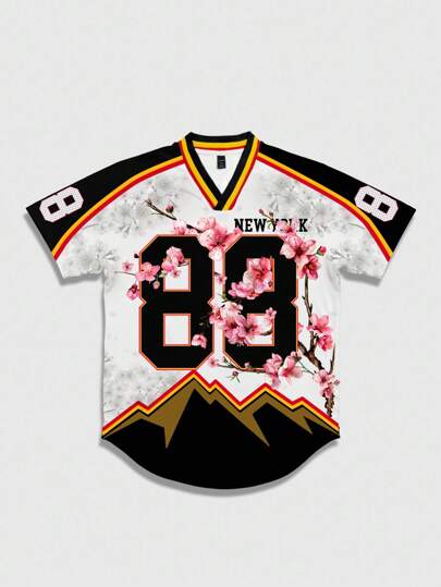 Prep Maglietta da hockey su ghiaccio con stampa di numeri e fiori di ciliegio, con dettagli a righe in contrasto, adatta per uso quotidiano in primavera e estate