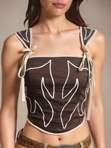 WESTFADE Nashville Cowgirl Western Embroidered Straps Cute Bow Tie Straps Smocked Back Fitted Cropped Summer Rodeo Tank Top