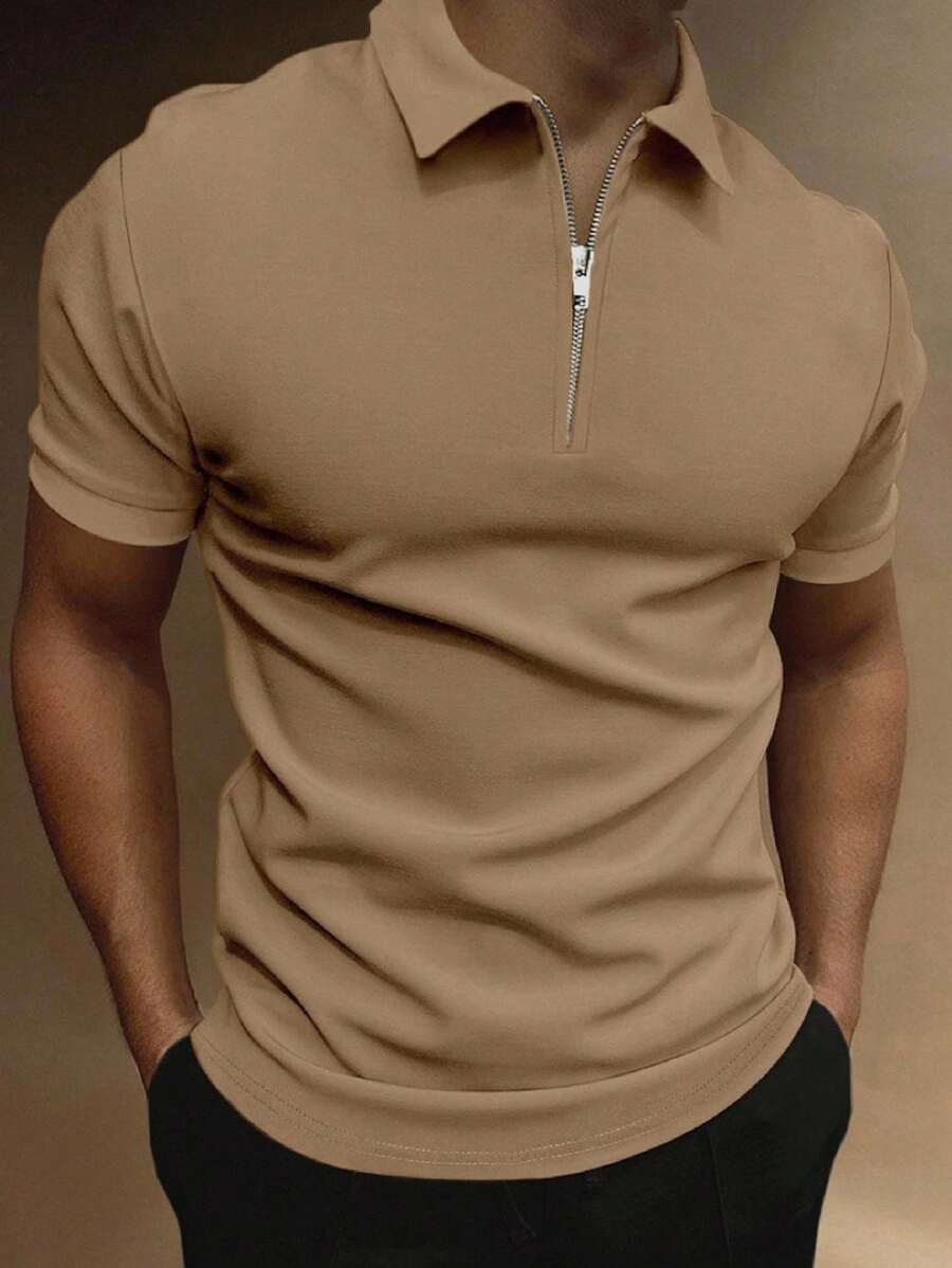 Manfinity Homme Men Quarter Zipper Polo Shirt - Khaki - View 1