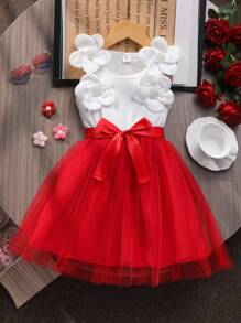 Elladie kids 女童3D花卉网眼无袖圆领休闲夏装