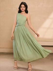 Elegant Pleated Waist Spaghetti Strap Dress, Suitable For Weddings, Back To School Season, Teens - Green - View 3