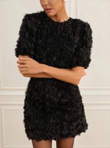 Aveloria Rosie Đầm ngắn tay nhẹ nhàng, phong cách Châu Âu, họa tiết hoa 3D, thắt eo - màu đen - Xem 3