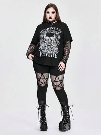 Grunge Punk Camiseta talla grande de mujer tallas grandes con estampado de calavera punk y parches de malla
