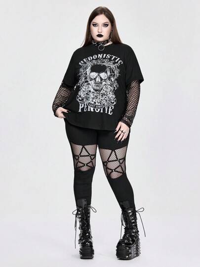 Grunge Punk Camiseta talla grande de mujer tallas grandes con estampado de calavera punk y parches de malla