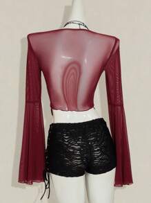 SHEIN ICON Y2k Fall Women's Western Burgundy Long Sleeve Going Out Solid Color Front Tie Flare Sleeve Fashionable T-Shirt - Burgundy - View 2