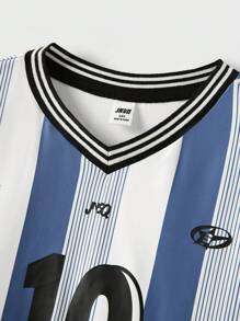 JNSQ 返校青少年男孩户外运动球衣 T 恤和短裤套装，儿童 V 领趣味字母和数字印花专业户外运动制服套装