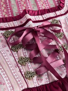 SHEIN Frenchy 女士复古刺绣网眼撞色无袖连衣裙 - 酒紅色 - 查看 3