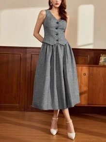 Vintamour Conjunto de traje de mujer vintage clásico y elegante con Top tipo chaleco, falda acampanada con bolsillos - Gris - Ver 3