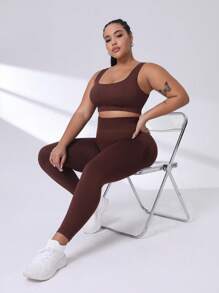 SHEIN Rhythm Era 女士加厚纯色宽腰运动紧身裤瑜伽裤 - 棕色 - 查看 6