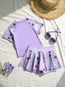 年轻女孩植物印花无袖分体泳衣，夏季海滩度假 - 紫色 - 查看 2