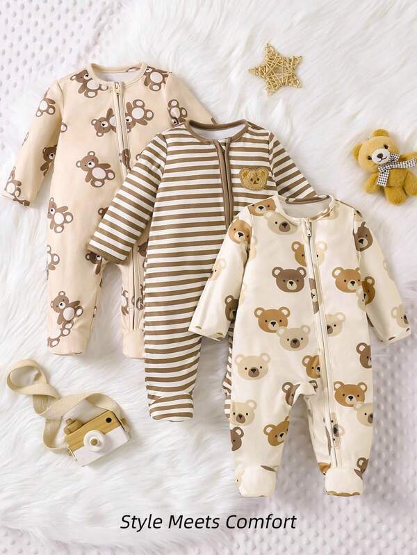 Newborn Baby Boy 3 Packs Bear & Striped Pattern Round Neck Long Sleeve Zip Front Soft & Cozy Footie Jumpsuits Baby Bear Pajamasnewborn Neutral Clothes