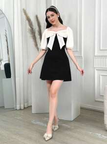 Teen Girls Contrast Color Chiffon Fitted Dress, Square Neck Collar, Bowknot Decor Mini Dress, Back To School Campus Outfit, All Season - Black - View 8