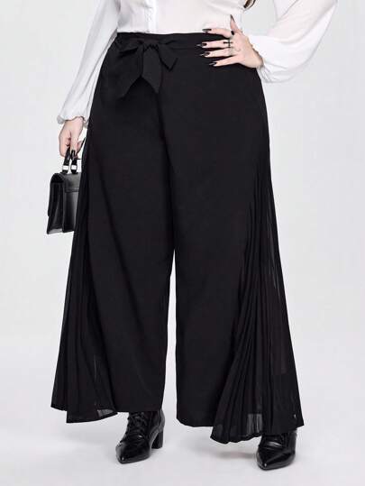 Goth Plus Size Women's Chiffon Pleated Patchwork Loose Wide Leg Pants With Belt
