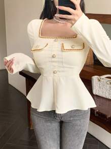 DAZY 秋季修身荷叶边撞色丝带水钻优雅方领长袖女衬衫，适合婚礼和派对，秋季女装 - 米色 - 查看 4