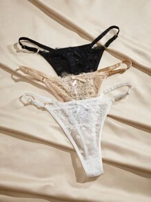 Charlaine 3条装女士低腰蕾丝丁字裤，随机心形图案 - 彩色 - 查看 3