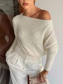 Siren Gaze Beige Slouch Shoulder Loose Knit Sweater, Casual For Trips, Spring/Autumn/Winter