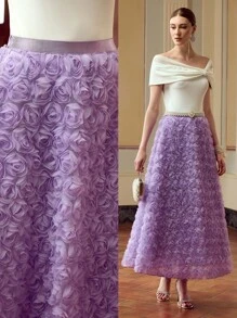 ZEYLAH Damen eleganter einfarbiger A-Linien Rock mit 3D Blumen