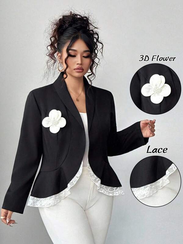 Elenzga Jaqueta elegante feminina de renda patchwork com flores 3D
