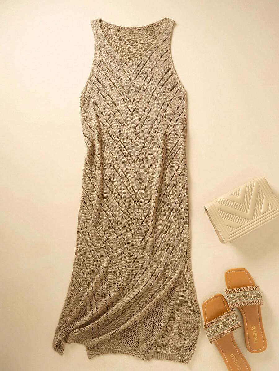 EMERY ROSE 女士夏季度假装钩针镂空侧开衩下摆无袖罩衫连衣裙