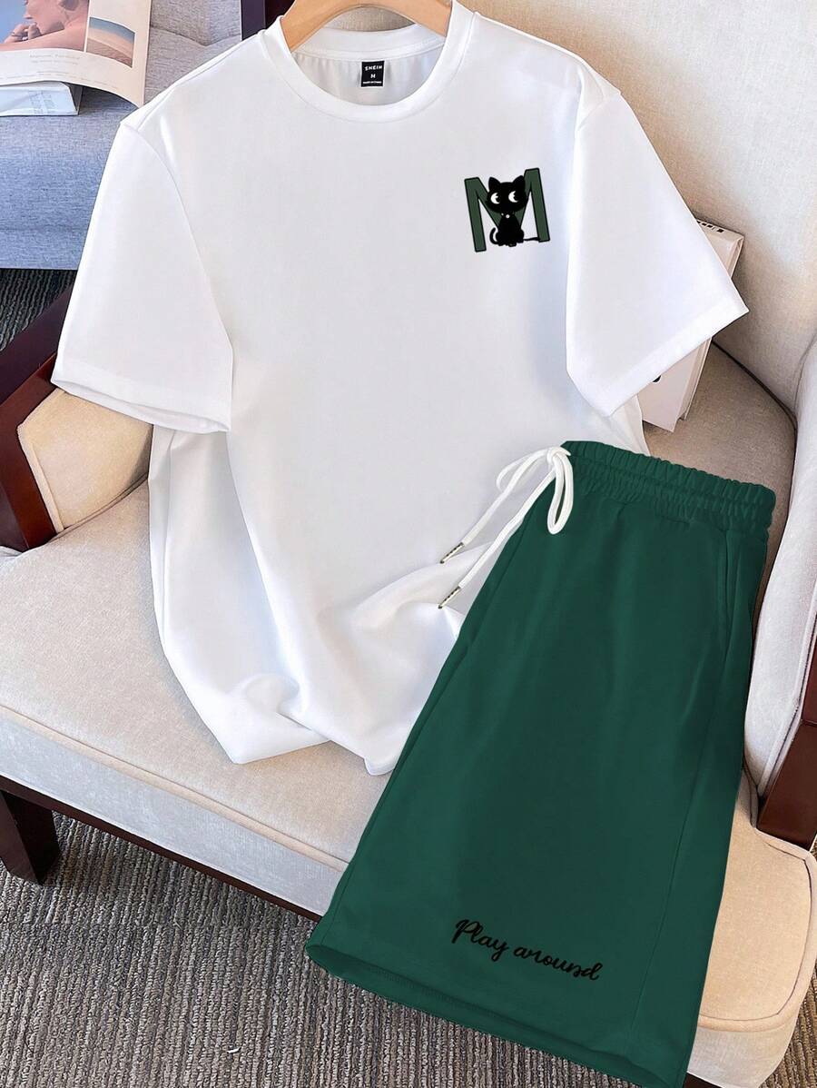 Manfinity Joysei 2 件套休闲时尚年轻男士修身短袖 T 恤和短裤套装，饰有有趣的黑猫和字母图案，非常适合约会、派对、情侣/家庭搭配，是送给男朋友的完美礼物