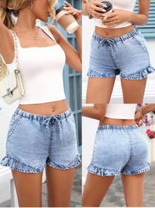 Breezaya Quần short in họa tiết denim thường ngày cho nữ, mùa hè - Màu xanh lam - Xem 1