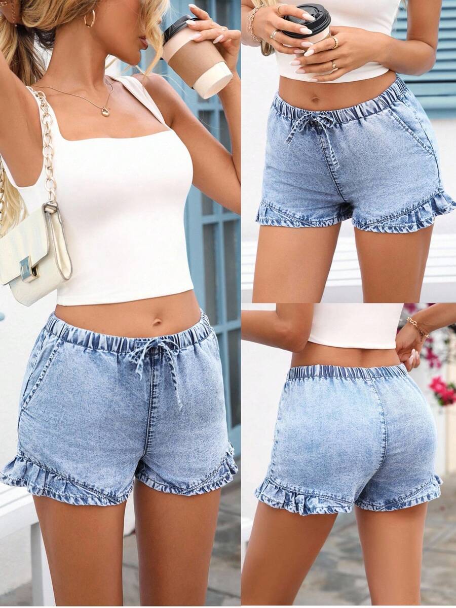 Breezaya Quần short in họa tiết denim thường ngày cho nữ, mùa hè - Màu xanh lam - Xem 1