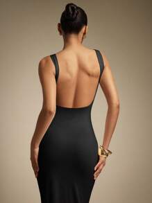 Hauture Vestido largo de cuello cuadrado con doble capa, elástico y cuello de punto, y espalda baja para mujer