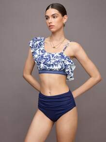 Activina Women's Floral Print Ruffle Asymmetric Neck Sports Bikini Set For Vaction