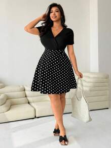 Solflare Plus Size Polka Dot Patchwork Casual Vacation Dress, Spring/Summer,Back To School,Teacher Outfits,Polka Dot Black And White Polka Dot Dress Plus Size Black And White Dress Women Black And White Dress,Holiday Outfits For Women Plus Size Black And White Polka Dot Dress,Short Sleeve Wrap A-Line Black And White Polka Dot Dress For Women
