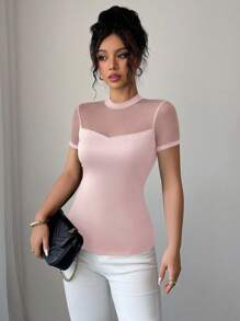 Elenzga Women's 2025 Summer Solid Color Versatile Mesh Patchwork Round Neck Short Sleeve T-Shirt