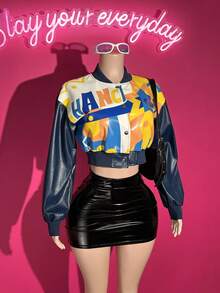 Slaydiva 2025新款初秋冬季休闲街头棒球服日常约会复古学院风标语Logo撞色星形印花藏蓝色PU夹克机车夹克女式夹克Y2K短款上衣夹克80年代女装秋冬女装冬季外套 - 藏蓝色 - 查看 2