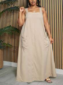 Slaydiva 2025 新款春夏女装大码秋季/返校/开学服装/Y2K/工作/办公室/户外服装/机场服装/毕业约会/优雅度假/街头风格女士度假服装宽松卡其色吊带带口袋，大码廓形A摆长裙 - 卡其色 - 查看 3