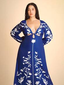 CAJUNI 大码女式波西米亚风复古度假印花镂空露背泡泡袖长裙