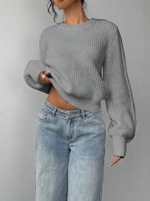 SHEIN BASICS Áo len cổ tròn rộng rãi màu trơn dành cho nữ vào mùa thu/đông - Xám - Xem 3