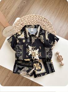 Bộ 2 áo sơ mi tay ngắn cổ họa tiết cho bé trai và quần short cạp chun - màu đen - Xem 3