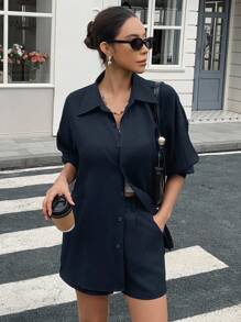 DAZY 女士夏季宽松休闲衬衫和短裤两件套 - 藏蓝色 - 查看 6