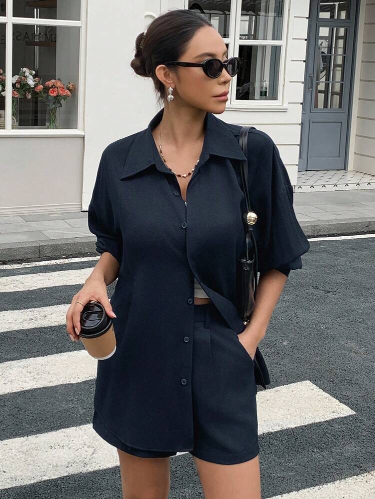 Women's Summer Loose Casual Shirt And Shorts 2 Pieces Set